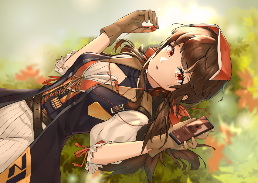 1girl absurdres autumn autumn_leaves black_hair corset digital_media_player dress dutch_angle earphones earphones falcon_(girls'_frontline) girls_frontline gloves highres leaf long_hair lying mixed-language_commentary on_back open_mouth red_eyes shirt solo user_yrxy7444 very_long_hair white_shirt