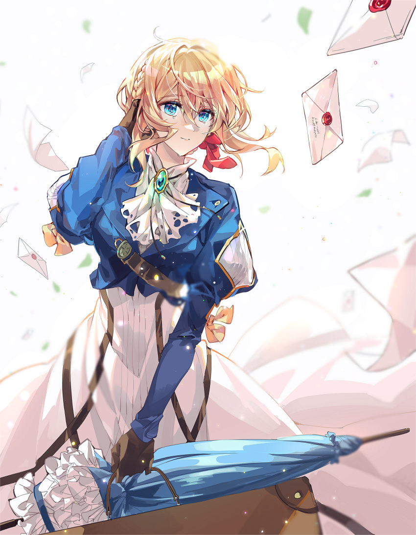 1girl absurdres blonde_hair blue_jacket blue_umbrella blurry blurry_background braid brown_gloves closed_mouth dress floating_hair gloves hair_ribbon hand_in_hair highres jacket long_dress long_hair long_sleeves narugrm red_ribbon ribbon shiny shiny_hair single_braid smile solo standing umbrella violet_evergarden violet_evergarden_(series) white_dress