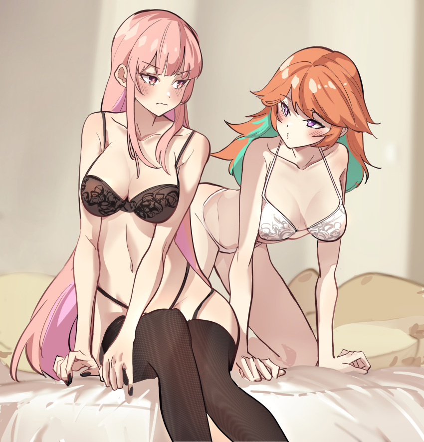 2girls all_fours black_bra black_nails black_panties blush bra breasts commentary couple duplicate earrings english_commentary eyebrows_visible_through_hair feather_earrings feathers gradient_hair green_hair highres hololive hololive_english jewelry lingerie long_hair longlong_(drasdr7513) mori_calliope multicolored_hair multiple_girls navel orange_hair panties pink_eyes pixel-perfect_duplicate sitting takanashi_kiara thigh-highs tsundere underwear underwear_only very_long_hair violet_eyes virtual_youtuber white_panties yuri