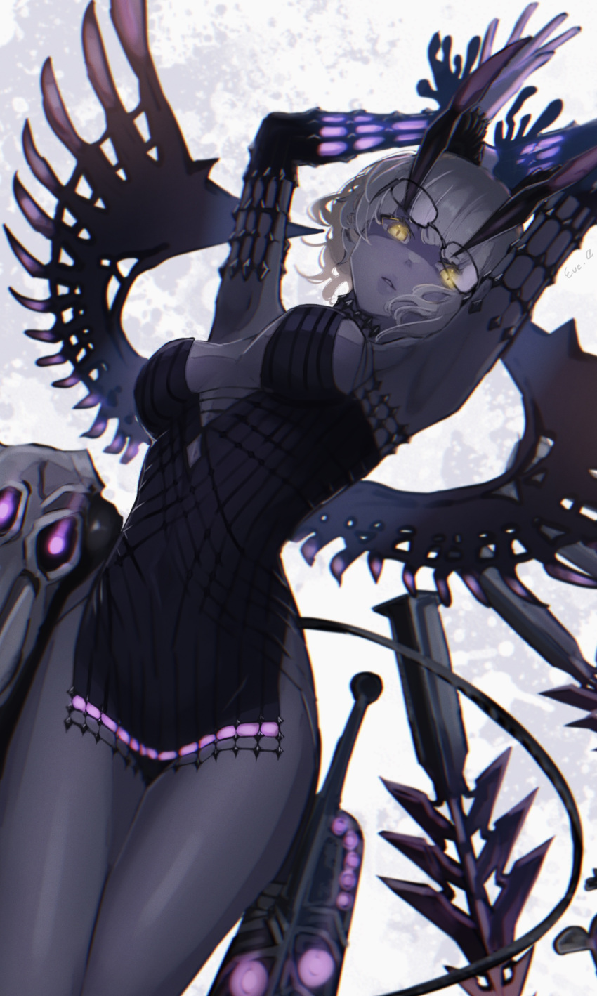 1girl absurdres animal_skull arms_up black_dress colored_skin dress elbow_gloves fate/grand_order fate_(series) full_moon glasses gloves glowing glowing_eyes grey_hair grey_skin highres horns i_b_san jacques_de_molay_(foreigner)_(fate) moon yellow_eyes
