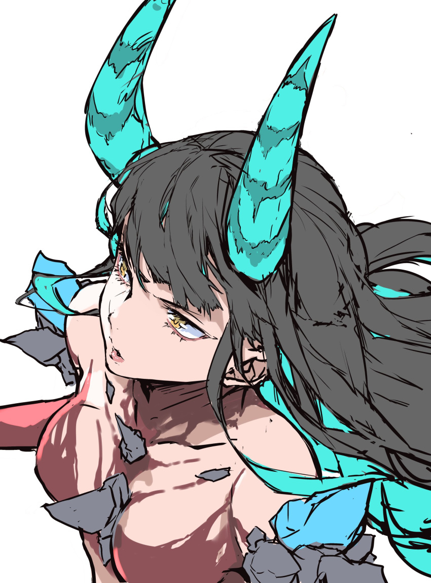 1girl absurdres black_hair blue_horns body_markings character_request collarbone copyright_request enami_katsumi highres horns lips long_hair makeup multicolored_hair no_nipples solo spikes two-tone_hair yellow_eyes