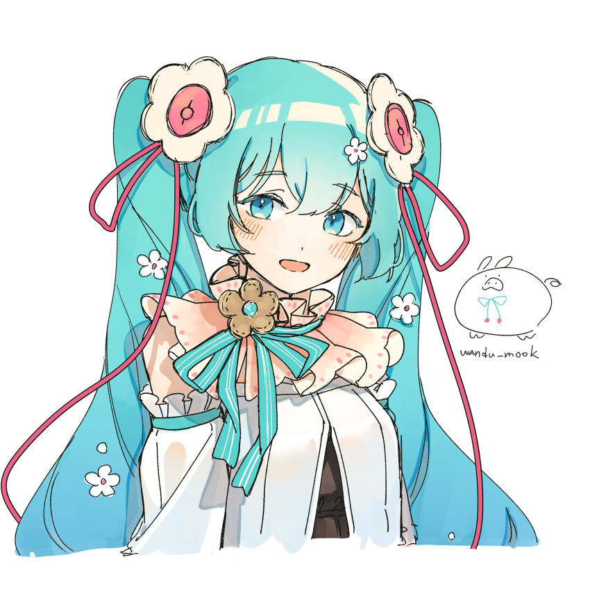 1girl absurdres artist_logo artist_name bangs blue_eyes blue_hair blue_ribbon blush commentary dress eyebrows_visible_through_hair flower hair_flower hair_ornament hatsune_miku highres long_hair looking_at_viewer open_mouth ribbon simple_background smile solo twintails upper_body vocaloid wandu_muk white_background white_dress white_flower