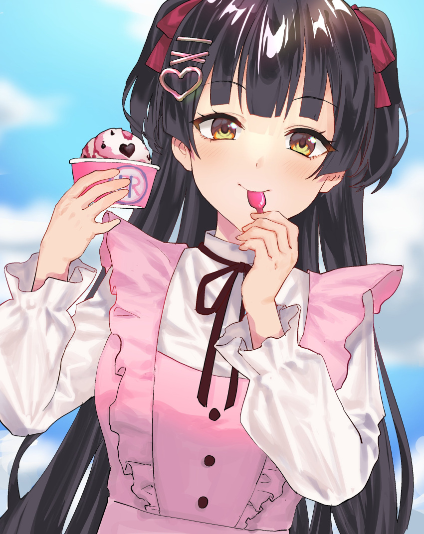 1girl absurdres bangs baskin-robbins black_hair black_ribbon blouse blue_sky blunt_bangs blurry blurry_background closed_mouth clouds commentary day eyebrows_visible_through_hair eyelashes food frills hair_ornament hair_ribbon hands_up heart heart_hair_ornament highres holding holding_spoon ice_cream idolmaster idolmaster_shiny_colors long_hair looking_at_viewer mayuzumi_fuyuko neck_ribbon outdoors red_ribbon ribbon seinarazu shiny shiny_hair sky solo spoon upper_body white_blouse