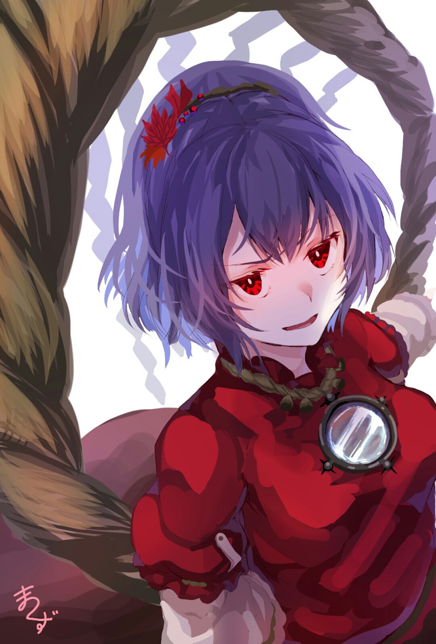 1girl bangs blue_hair breasts hair_ornament highres layered_sleeves leaf_hair_ornament long_sleeves matsukuzu mirror onbashira puffy_short_sleeves puffy_sleeves red_eyes red_shirt red_skirt rope shimenawa shirt short_hair short_over_long_sleeves short_sleeves skirt solo touhou white_background yasaka_kanako