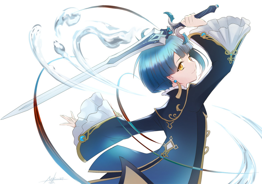 1boy blue_hair chinese_clothes closed_mouth commentary_request earrings frilled_sleeves frills genshin_impact holding holding_sword holding_weapon jewelry long_sleeves nekobayashi short_hair smile solo sword water weapon xingqiu_(genshin_impact)