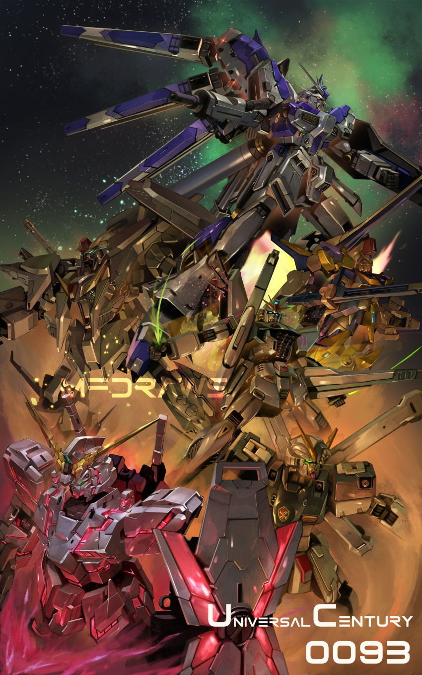 absurdres artist_name beam_saber blue_eyes brayanong999 char's_counterattack char's_counterattack_-_beltorchika's_children crossbone_gundam crossbone_gundam_x-1 english_commentary f91_gundam fin_funnels glowing glowing_eye gun gundam gundam_f91 gundam_hathaway's_flash gundam_unicorn hi-nu_gundam highres holding holding_gun holding_sword holding_weapon mecha mobile_suit no_humans nt-d science_fiction shield skull_and_crossbones sword unicorn_gundam v-fin v2_gundam victory_gundam watermark weapon xi_gundam