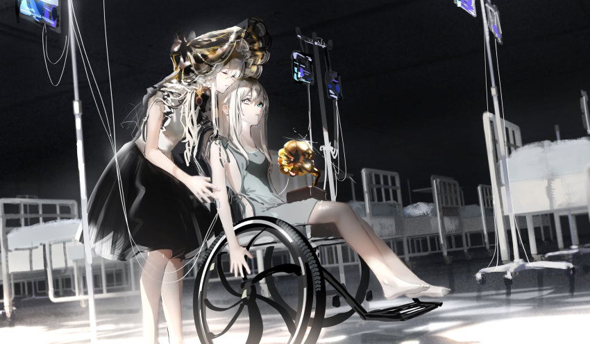 2girls bangs bare_arms barefoot bed black_background black_dress black_headwear blue_eyes bonnet closed_eyes commentary_request crying dress dutch_angle heterochromia highres hospital hospital_bed intravenous_drip iv_stand long_hair multiple_girls nanaponi original parted_lips phonograph wheelchair white_eyes white_hair