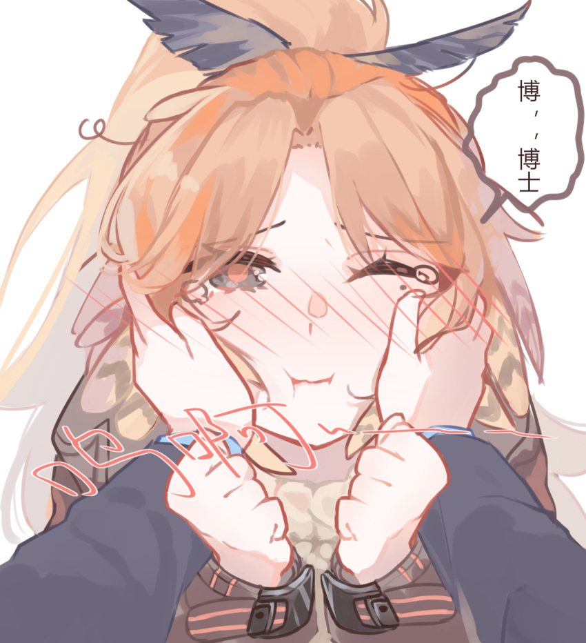 1girl 1other :i ambiguous_gender aran_sweater arknights beige_sweater blush cheek_squash chinese_commentary chinese_text commentary_request doctor_(arknights) feather_hair hands_up highres long_hair looking_at_viewer naichabencha one_eye_closed orange_eyes orange_hair out_of_frame pinecone_(arknights) ponytail pov pov_hands simple_background speech_bubble straight-on sweater tearing_up translated white_background