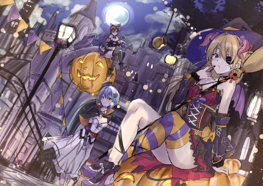 3girls @shun ayanami_rei blue_eyes eyepatch frills glasses halloween halloween_bucket halloween_costume highres long_hair makinami_mari_illustrious multiple_girls neon_genesis_evangelion red_eyes short_hair souryuu_asuka_langley