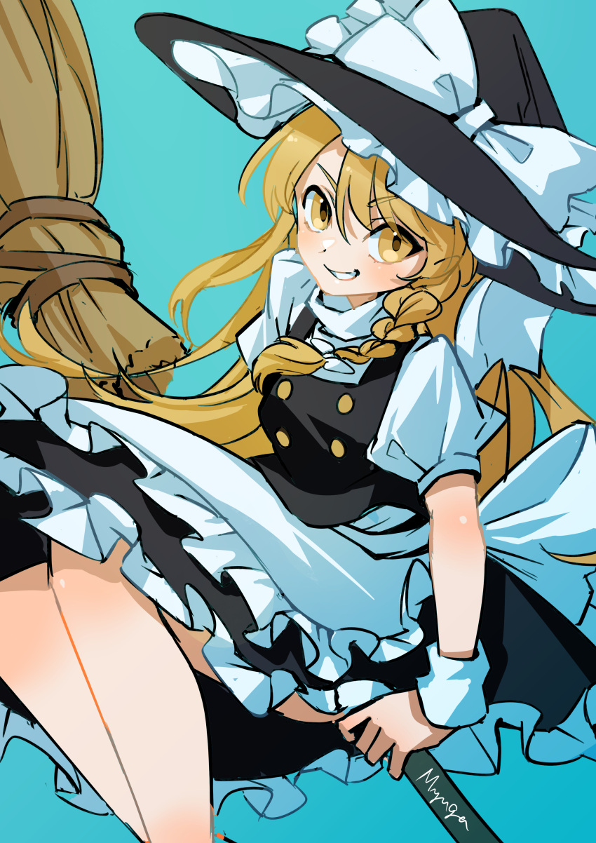1girl absurdres bangs black_headwear black_skirt black_vest blonde_hair blue_background bow braid broom broom_riding buttons commentary_request eyebrows_visible_through_hair feet_out_of_frame frilled_hat frilled_skirt frills grin hair_bow hat hat_bow highres kirisame_marisa long_hair looking_at_viewer myuga66666 one-hour_drawing_challenge puffy_short_sleeves puffy_sleeves shirt short_sleeves side_braid signature simple_background single_braid skirt smile solo touhou turtleneck vest white_bow white_shirt witch_hat yellow_eyes