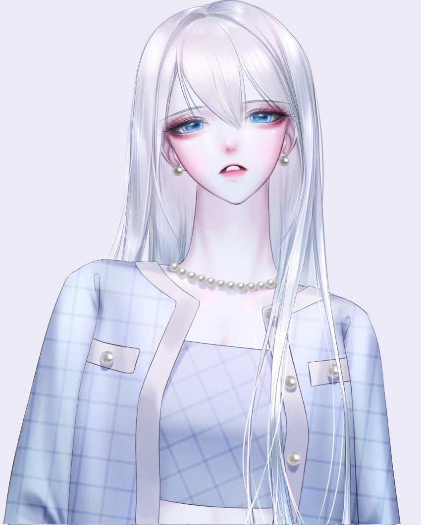 1girl blue_eyes blue_shirt chain dabong grey_hair hair_between_eyes half-closed_eyes highres jewelry long_hair looking_at_viewer necklace original pearl_necklace shirt simple_background solo straight_hair striped striped_shirt upper_body white_hair