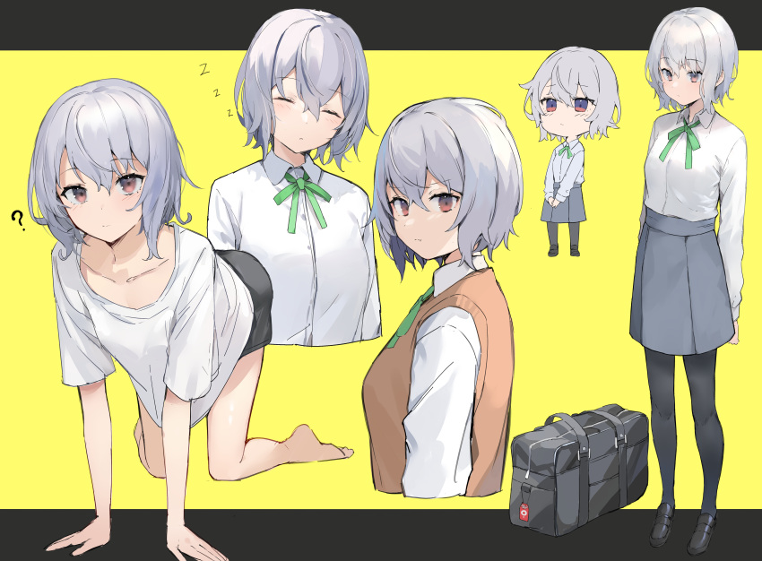1girl absurdres all_fours bangs barefoot black_legwear breasts closed_eyes cropped_torso from_side grey_hair highres looking_at_viewer multiple_views original pantyhose red_eyes ryou_(ponpgo) school_uniform shirt short_hair shorts skirt small_breasts solo sweater_vest t-shirt