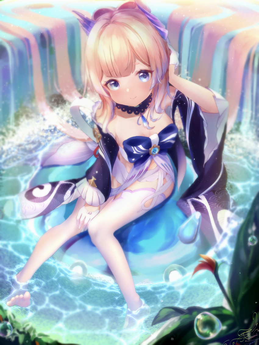 1girl absurdres bangs blue_eyes blunt_bangs bow bowtie breasts detached_collar feet frilled_sleeves frills genshin_impact gloves gradient_hair hair_ornament highres looking_at_viewer moemaru multicolored_hair partially_submerged pink_hair sangonomiya_kokomi shorts sitting smile solo thigh-highs toes water water_drop waterfall white_gloves white_legwear