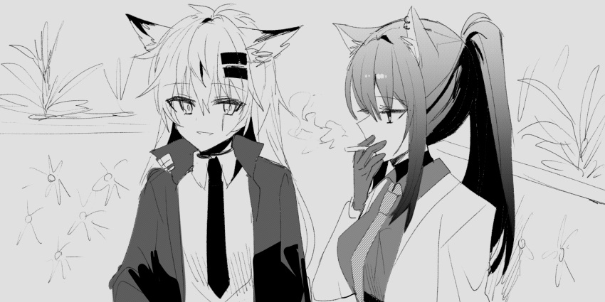 2girls absurdres animal_ear_fluff animal_ears arknights bangs between_fingers breasts chihuri cigarette collared_shirt diagonal-striped_neckwear diagonal_stripes eyebrows_visible_through_hair gloves grey_background greyscale hair_between_eyes hair_ornament hairclip high_ponytail highres holding holding_cigarette jacket lappland_(arknights) long_hair long_sleeves monochrome multiple_girls necktie open_clothes open_jacket parted_lips ponytail scar scar_across_eye shirt small_breasts smile smoke smoking striped striped_neckwear texas_(arknights) upper_body