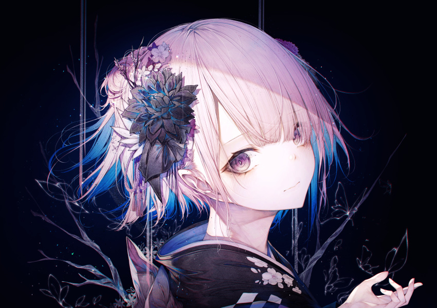 1girl absurdres bangs black_flower black_kimono black_ribbon blunt_bangs branch bug butterfly closed_mouth commentary dark_background english_commentary face floral_print flower from_side hair_between_eyes hair_flower hair_ornament head_tilt highres hito_komoru japanese_clothes kimono looking_at_viewer original portrait ribbon short_hair solo violet_eyes white_flower