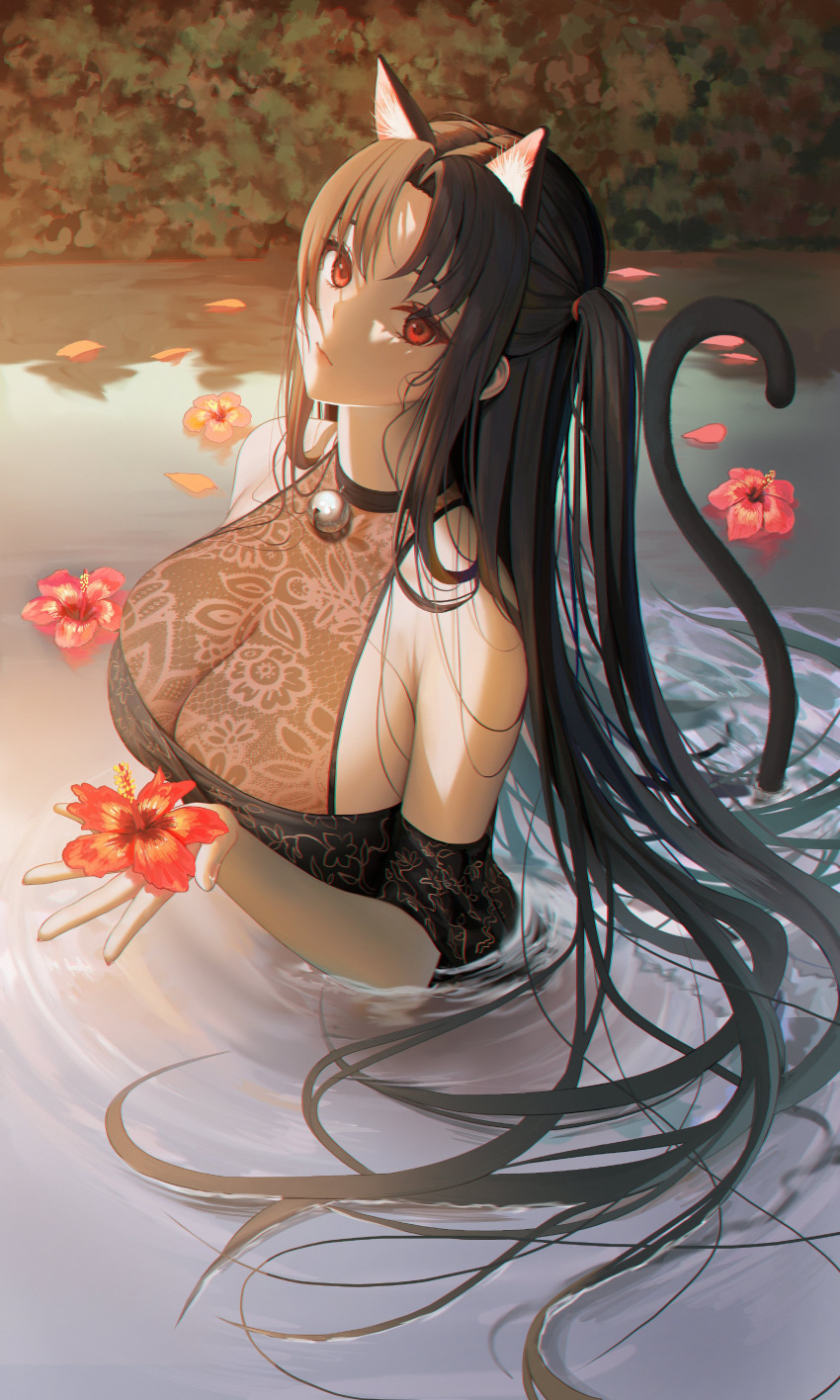 1girl absurdres animal_ears bell black_hair breasts cat_ears cat_girl cat_tail collar flower hair_flower hair_ornament halter_top halterneck highres in_water large_breasts looking_at_viewer neck_bell original outstretched_arm red_eyes solo swimsuit tail tokkihouse twintails wet wet_clothes