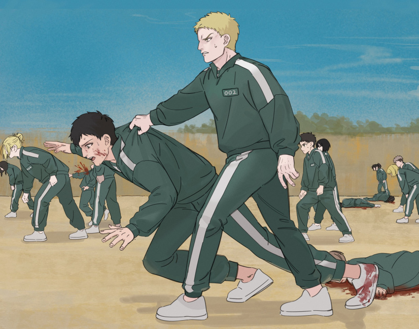 0oizuo0 4girls 5boys annie_leonhardt armin_arlert bertolt_hoover black_hair blonde_hair blood blood_on_face blood_on_shoes corpse death eren_yeager green_jacket green_pants highres holding_up jacket jean_kirchstein mikasa_ackerman multiple_boys multiple_girls open_mouth outdoors pants pieck_finger reiner_braun sasha_braus shadow shingeki_no_kyojin shoes short_hair sneakers sportswear squid_game sweat