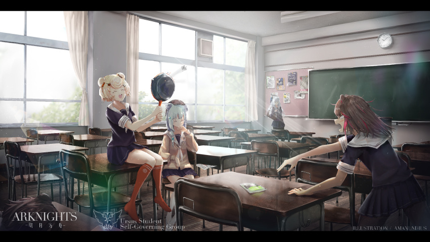 5girls alternate_costume amanundius angry animal_ears arknights artist_name bear_ears beige_sweater beret black_legwear blonde_hair blue_hair blue_shirt blue_skirt blush braid brown_hair brown_headwear bulletin_board candy_hair_ornament chalkboard classroom clock closed_eyes commentary copyright_name desk english_text ester_(arknights) food-themed_hair_ornament frying_pan gummy_(arknights) hair_ornament hat highres holding holding_frying_pan indoors istina_(arknights) kneehighs leto_(arknights) letterboxed light_rays long_hair multicolored_hair multiple_girls open_mouth orange_legwear out_of_frame pantyhose pin redhead rosa_(arknights) sailor_collar school_uniform serafuku shirt short_hair skirt sleeping star_(symbol) star_hair_ornament streaked_hair throwing throwing_rock wall_clock white_hair white_legwear white_sailor_collar window zima_(arknights)