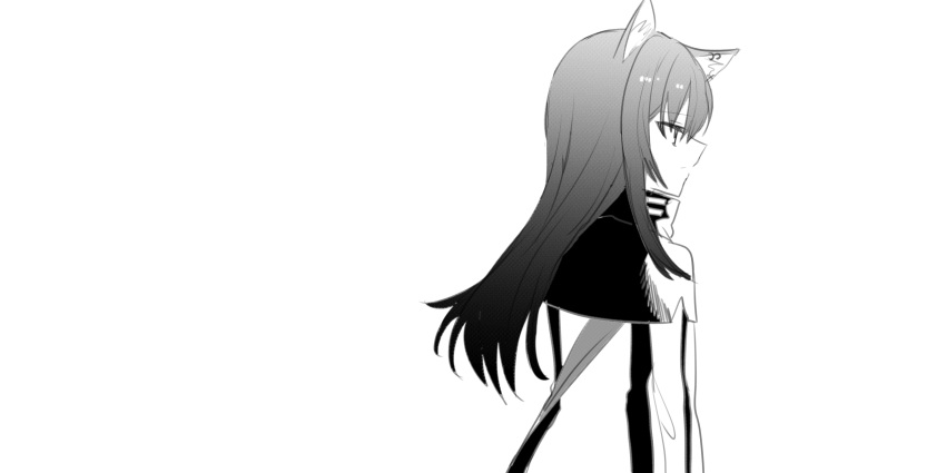 1girl absurdres animal_ear_fluff animal_ears arknights bangs chihuri closed_mouth ear_piercing eyebrows_visible_through_hair from_side greyscale hair_between_eyes highres jacket long_hair looking_away monochrome piercing profile simple_background solo texas_(arknights) upper_body very_long_hair white_background