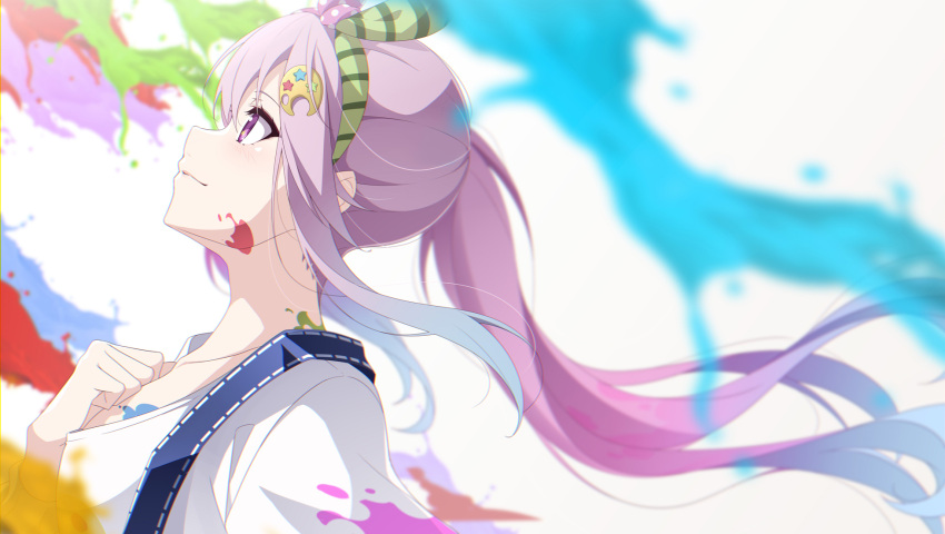 1girl airani_iofifteen hand_on_own_chest highres hololive hololive_indonesia long_hair looking_up masabodo paint_splatter paint_splatter_on_face palette_hair_ornament pink_eyes pink_hair profile side_ponytail smile suspenders virtual_youtuber