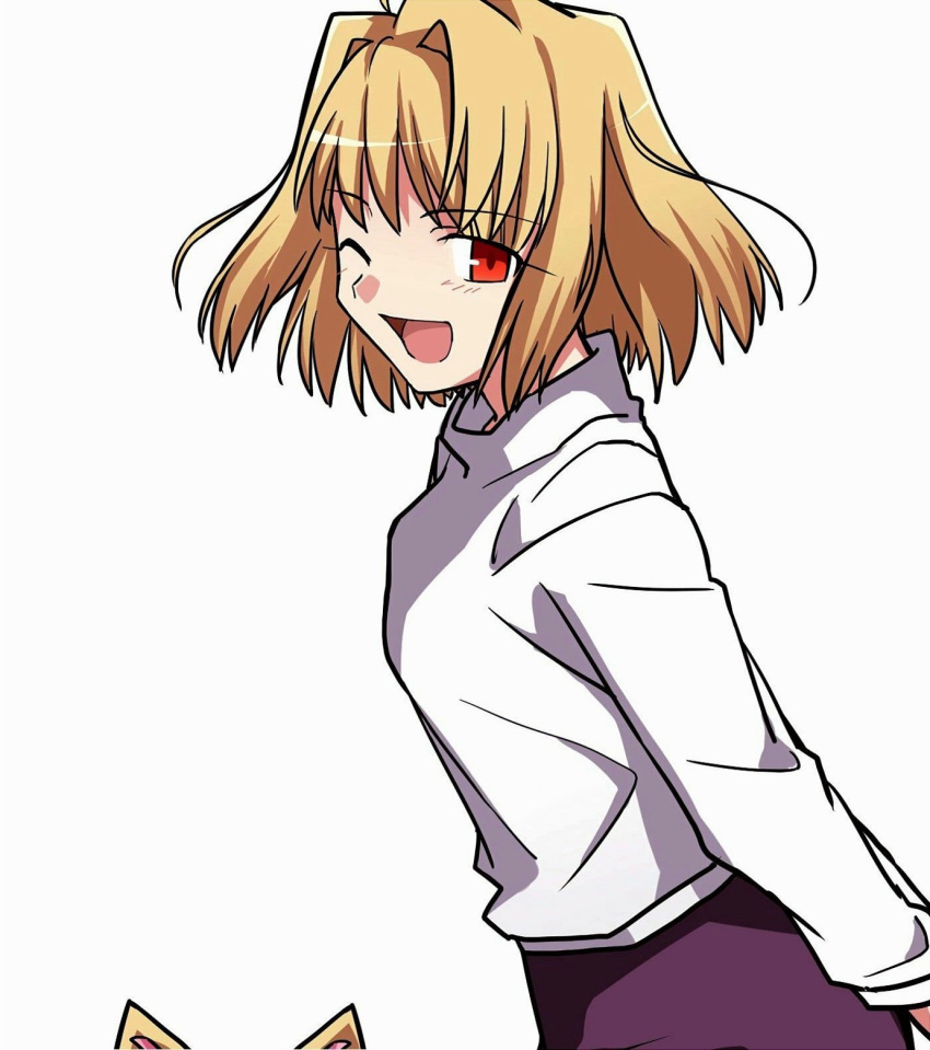 1girl ;d animal_ears arcueid_brunestud arms_behind_back bangs blonde_hair breasts cat_ears dress eyebrows_behind_hair eyebrows_visible_through_hair eyelashes_visible_through_hair from_side highres looking_at_viewer one_eye_closed one_eye_open open_mouth red_eyes shirt short_hair simple_background smile solo tsukihime type-moon white_background yuuma_(u-ma)