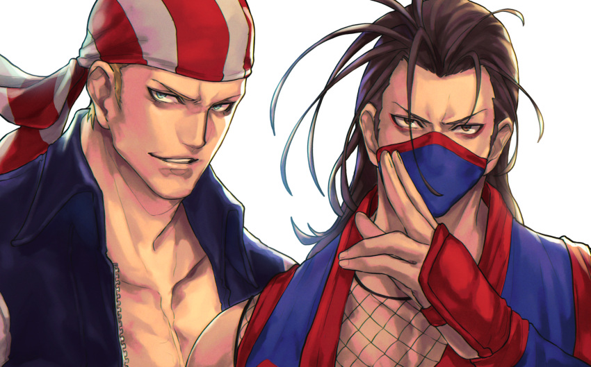 2boys bandana billy_kane black_jacket blonde_hair blue_eyes brown_eyes brown_hair collarbone commentary english_commentary fatal_fury fishnets hand_up highres jacket kisaragi_eiji kthovhinao_virmi long_hair looking_at_viewer male_focus mask mouth_mask multiple_boys ninja ninja_mask open_clothes open_jacket parted_lips pectorals ryuuko_no_ken short_hair simple_background smile smirk the_king_of_fighters upper_body white_background zipper