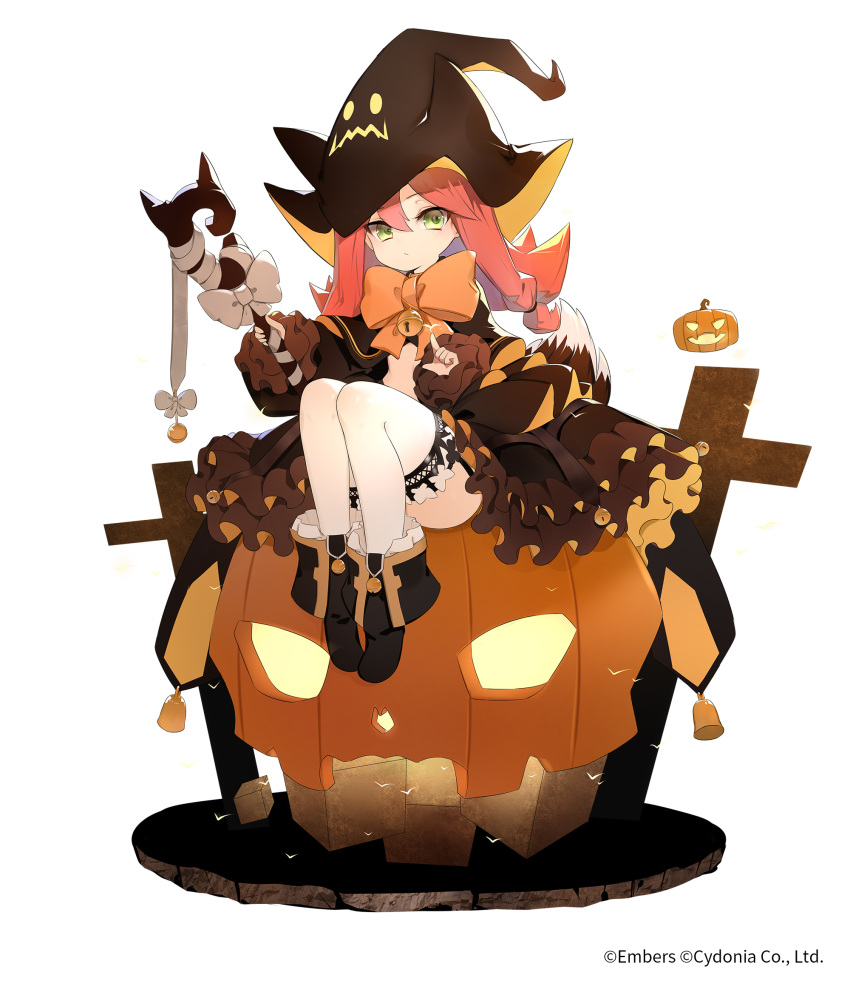 1girl ash_arms bangs black_dress black_footwear boots bow commentary dress frilled_dress frills green_eyes halloween halloween_costume hat highres holding holding_staff jack-o'-lantern long_hair long_sleeves looking_at_viewer maus_(ash_arms) medium_dress official_art orange_bow orange_neckwear redhead simple_background sitting solo staff undeedking watermark white_background witch_hat