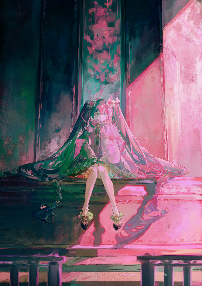 1girl absurdres bangs blue_eyes braid commentary dress flower frilled_dress frills hair_flower hair_ornament hatsune_miku highres long_hair looking_at_viewer magical_mirai_(vocaloid) neck_ribbon ny3z parted_lips pink_dress pink_hair ribbon shadow shoes sitting socks solo twintails very_long_hair vocaloid white_legwear