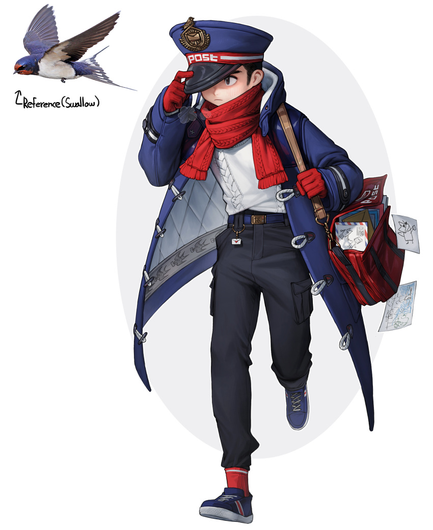 1boy absurdres bag bird black_footwear black_pants blue_coat blue_headwear coat drawing full_body gloves hand_on_headwear highres mailbag mailman one_eye_covered original pants personification red_gloves red_legwear red_scarf rinotuna scarf shoes shoulder_bag socks solo swallow_(bird) sweater white_sweater