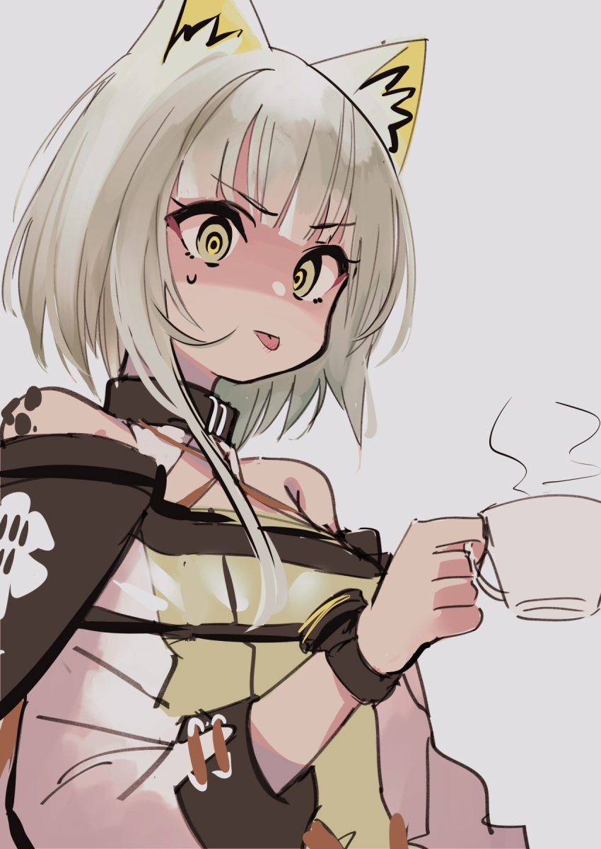 1girl animal_ear_fluff animal_ears arknights bangs bare_shoulders cat's_tongue cat_ears closed_mouth coffee_mug commentary_request cup detached_collar dress eyebrows_visible_through_hair green_dress green_eyes green_hair grey_background hand_up highres holding holding_cup kal'tsit_(arknights) mug off-shoulder_dress off_shoulder oripathy_lesion_(arknights) short_hair_with_long_locks simple_background solo sweatdrop tetuw tongue tongue_out upper_body watch watch