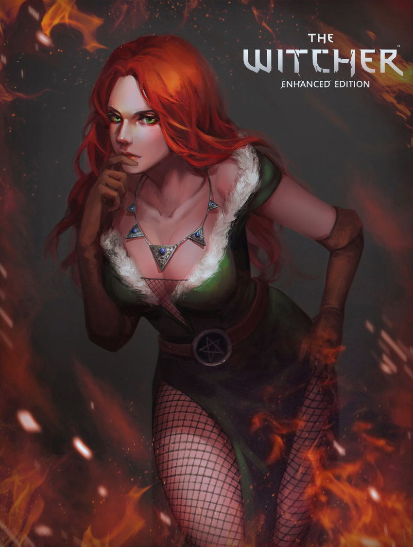 1girl absurdres dress fire fishnets fur_trim gem green_eyes highres jewelry long_hair necklace redhead renshena solo_focus the_witcher_(series) triss_merigold