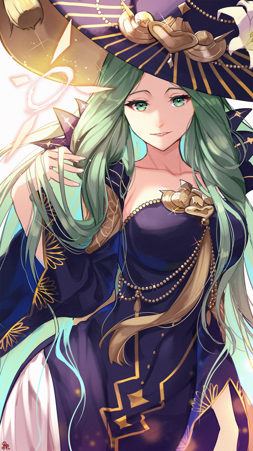 1girl adjusting_hair alternate_costume breasts dress fire_emblem fire_emblem:_three_houses fire_emblem_heroes green_eyes green_hair hair_flip halloween halloween_costume hand_in_hair hat highres large_breasts long_hair looking_at_viewer nakabayashi_zun official_alternate_costume rhea_(fire_emblem) smile solo very_long_hair witch witch_hat