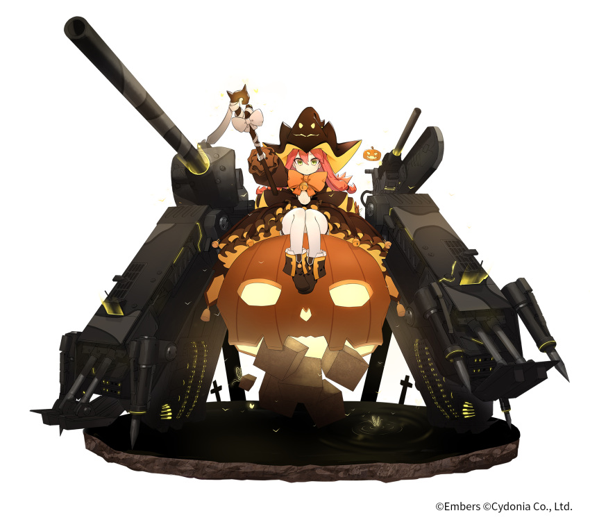 1girl ash_arms bangs black_dress black_footwear boots bow commentary dress frilled_dress frills green_eyes halloween halloween_costume hat highres holding holding_staff jack-o'-lantern long_hair long_sleeves looking_at_viewer maus_(ash_arms) medium_dress official_art orange_bow orange_neckwear redhead rigging simple_background sitting solo staff undeedking watermark white_background witch_hat