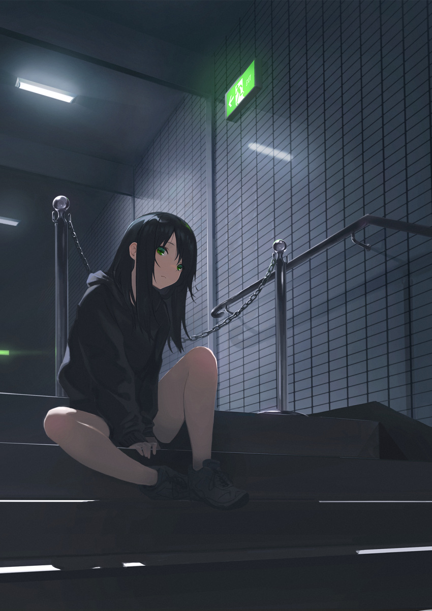 1girl between_legs black_footwear black_hair black_sweater closed_mouth frown full_body green_eyes hand_between_legs highres hood hood_down hooded_sweater indoors long_hair looking_at_viewer myoumatsu_kaori original shiny shiny_hair sitting solo stairs sweater