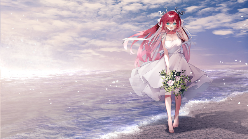 1girl absurdres atelier_live bangs barefoot beach blue_eyes blush bouquet breasts commentary dragon_horns dress english_commentary flower highres holding holding_bouquet horns kuzuryu_io long_hair medium_breasts ocean open_mouth ragi_(diabolik_angle) redhead rose second-party_source smile solo virtual_youtuber water white_dress white_flower white_rose