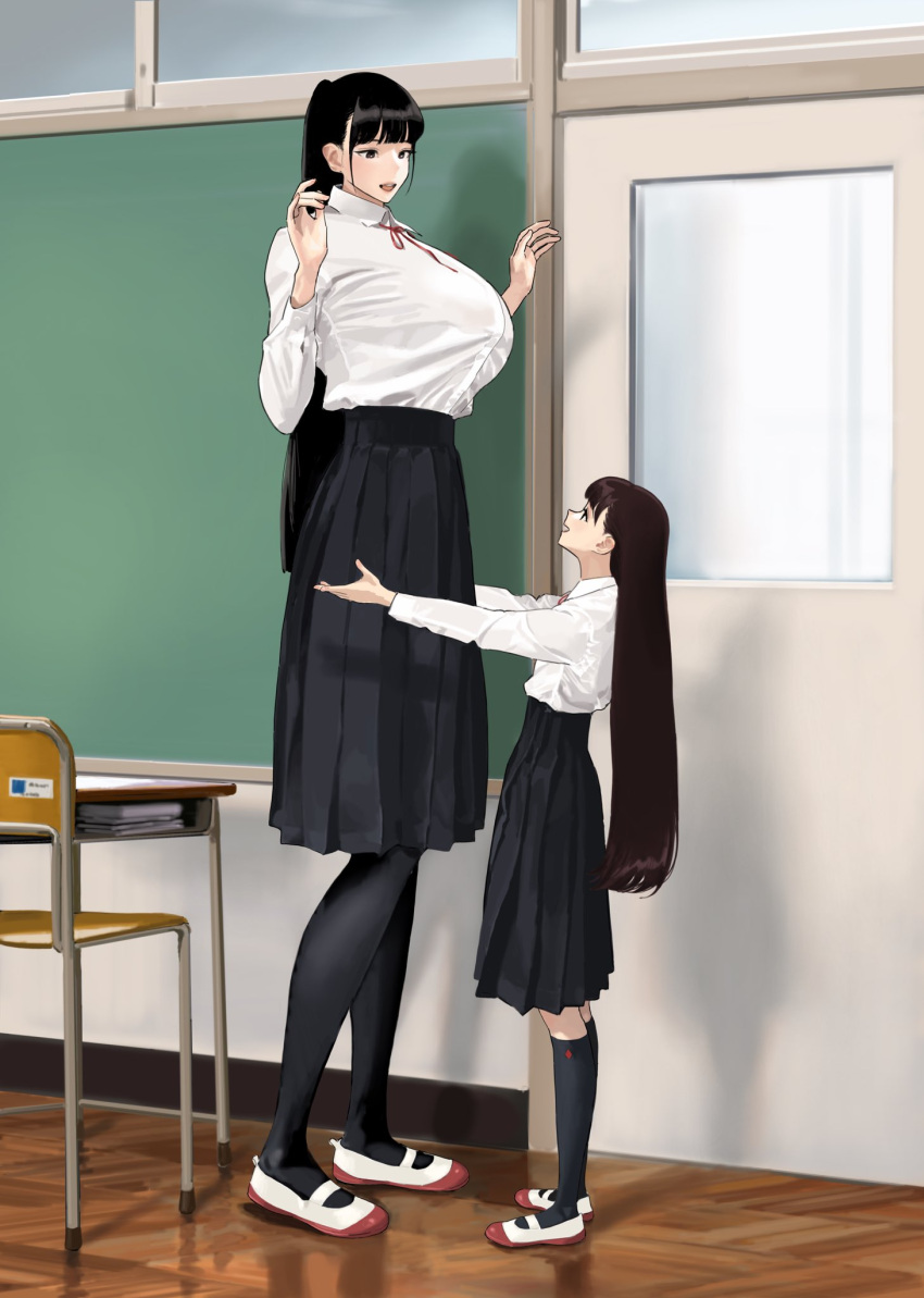 2girls bangs black_legwear breasts classroom happy height_difference high-waist_skirt highres hiramedousa huge_breasts light_blush long_hair long_skirt looking_at_another looking_down looking_up multiple_girls open_mouth original pantyhose ponytail school_uniform shirt_tucked_in simple_background size_difference skirt smile socks tall_female very_long_hair yuri