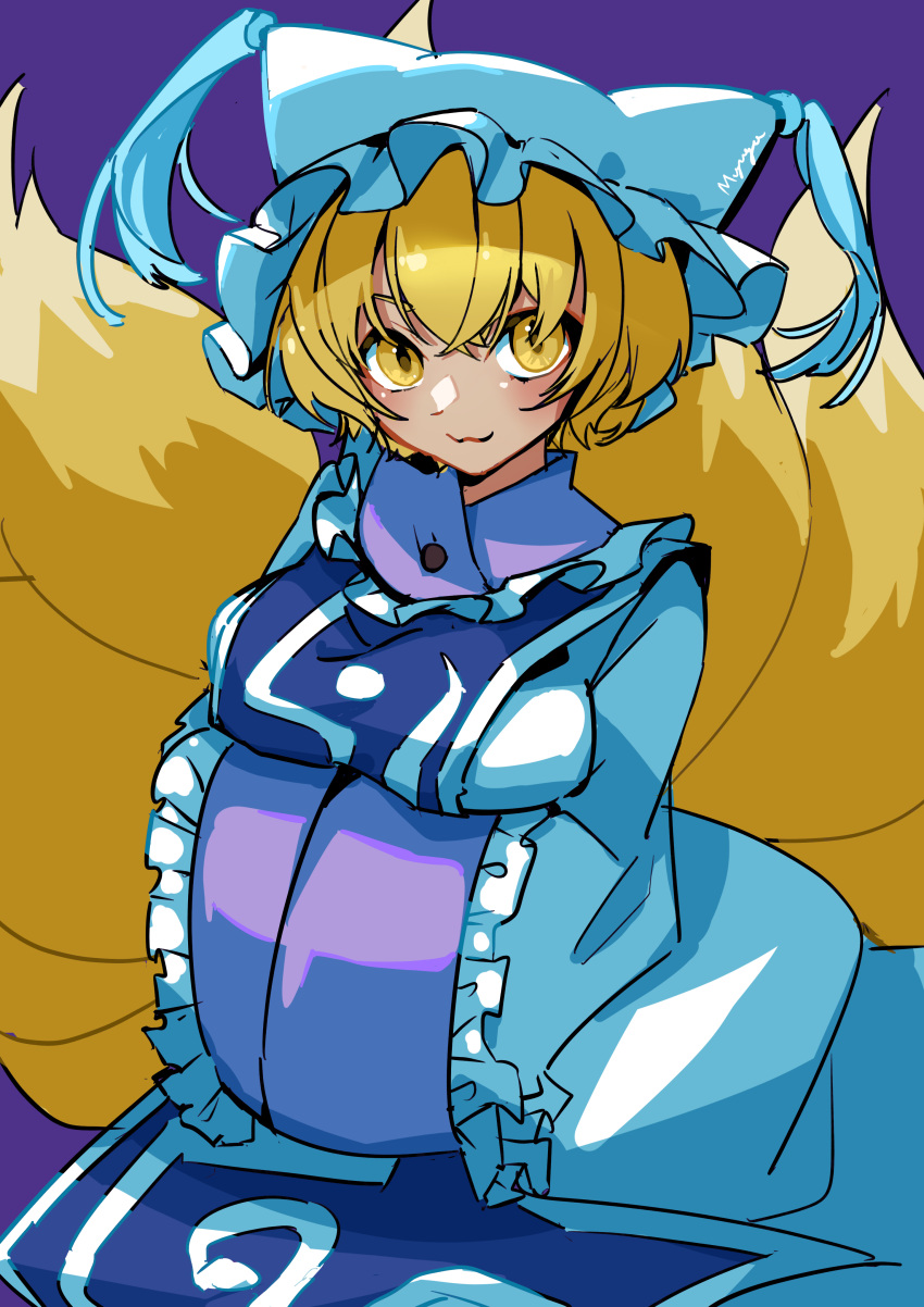 1girl :3 absurdres arms_under_breasts bangs blonde_hair blue_tabard blush breasts closed_mouth commentary_request dress feet_out_of_frame fox_tail frilled_sleeves frills hands_in_opposite_sleeves hat highres kyuubi large_breasts looking_at_viewer multiple_tails myuga66666 one-hour_drawing_challenge pillow_hat purple_background short_hair signature simple_background smile solo tabard tail tassel touhou white_dress yakumo_ran yellow_eyes