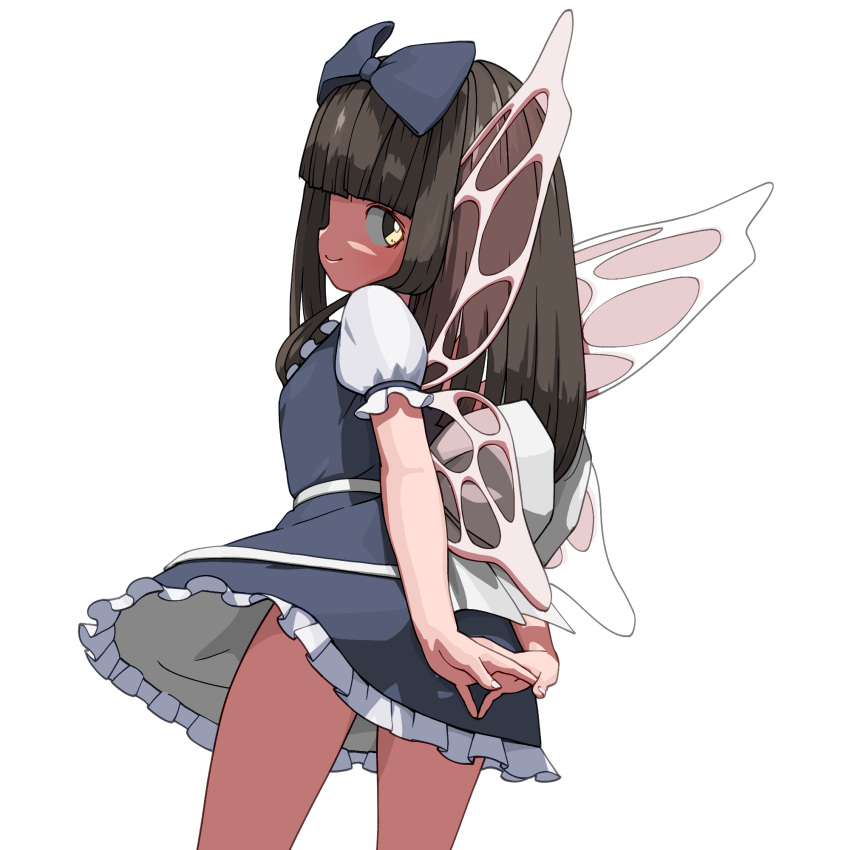 1girl arms_behind_back bangs black_hair blue_dress blunt_bangs bow brown_eyes dress fairy fairy_wings from_behind hair_bow highres huxiao_(mistlakefront) long_hair looking_back own_hands_together ribbon simple_background smile solo star_sapphire thighs touhou white_background wings