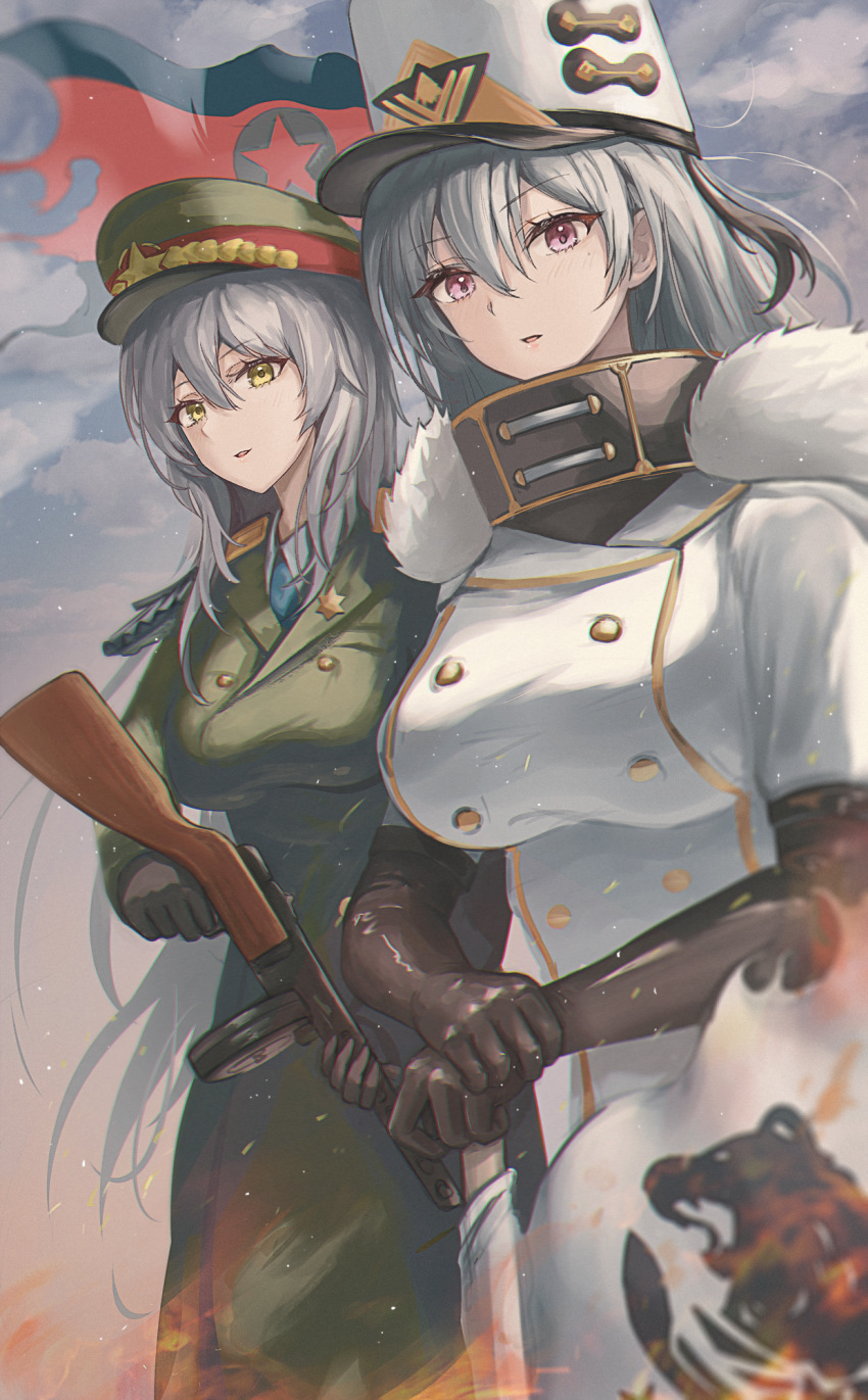 2girls :o azur_lane black_bodysuit black_gloves bodysuit breasts character_request coat elbow_gloves eyebrows_visible_through_hair feet_out_of_frame fur-trimmed_coat fur_trim gloves grey_hair gun hat highres holding holding_gun holding_weapon large_breasts long_hair looking_at_viewer medium_breasts military military_hat military_uniform multiple_girls open_mouth oshiro_project sauvignon sovetskaya_rossiya_(azur_lane) standing uniform violet_eyes weapon white_coat winter_clothes winter_coat yellow_eyes