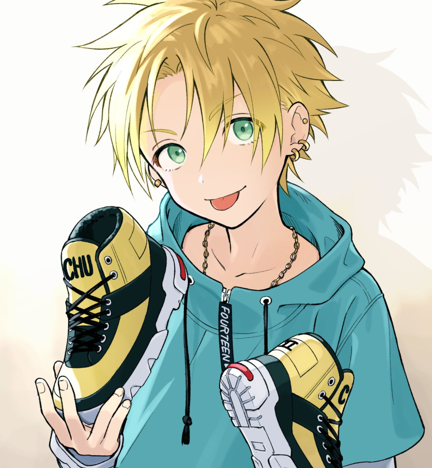 1boy bangs blonde_hair ear_piercing green_eyes highres holding holding_shoes jewelry long_sleeves looking_at_viewer male_focus necklace original piercing pillow_(nutsfool) shoes simple_background sneakers solo spiky_hair tongue tongue_out upper_body