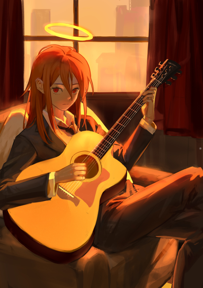 1girl absurdres angel_devil_(chainsaw_man) armchair bangs black_jacket black_neckwear black_pants breasts brown_hair chainsaw_man chair closed_mouth collared_shirt commentary_request curtains feet_out_of_frame formal guitar hair_between_eyes halo highres holding holding_instrument indoors instrument jacket large_breasts long_hair looking_at_viewer necktie on_chair pants red_eyes shirt solo suit white_shirt window yuhuan