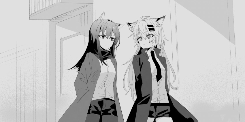 absurdres animal_ear_fluff animal_ears arknights arms_behind_back balcony bangs breasts chihuri closed_mouth collared_shirt dress_shirt eyebrows_visible_through_hair greyscale hair_between_eyes hair_ornament hairclip hand_in_pocket highres jacket lappland_(arknights) legwear_under_shorts long_hair monochrome necktie open_clothes open_jacket pantyhose railing scar scar_across_eye shirt short_shorts shorts small_breasts smile texas_(arknights) very_long_hair