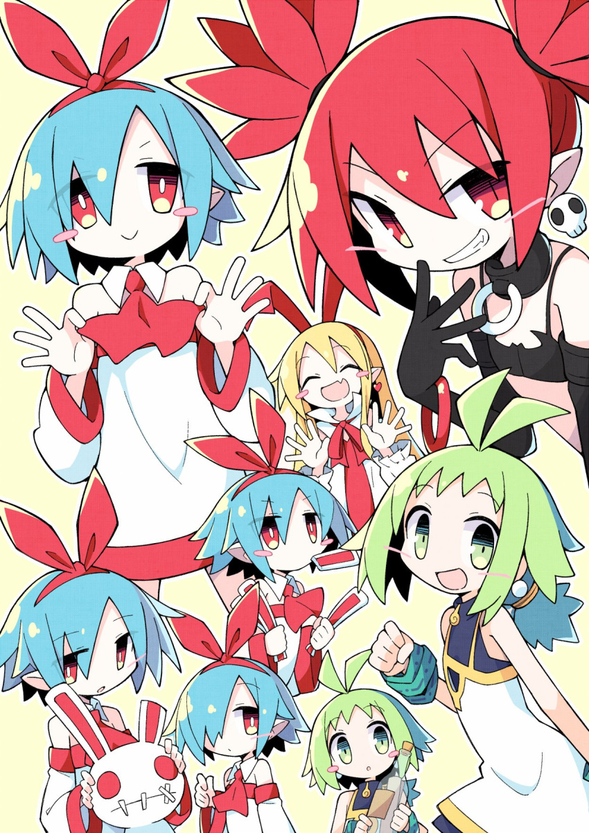 4girls asameshi ascot bangs bare_shoulders black_choker black_gloves blonde_hair blue_hair blush_stickers bracelet choker closed_eyes disgaea dress earrings elbow_gloves etna fang flonne gloves green_eyes green_hair grin hair_ribbon hand_up highres holding jewelry long_hair long_sleeves looking_at_viewer marona_(phantom_brave) message_in_a_bottle multiple_girls multiple_views neck_ribbon open_mouth phantom_brave pleinair pointy_ears red_eyes red_neckwear red_ribbon redhead ribbon short_hair short_twintails simple_background skin_fang skull_earrings sleeveless sleeveless_dress smile twintails upper_body usagi-san white_dress wide_sleeves yellow_background