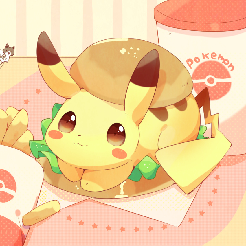 :3 burger cat commentary_request copyright_name cup food french_fries happy highres lettuce napkin no_humans pikachu pokemon pokemon_(creature) sauce smile tablecloth ushiina
