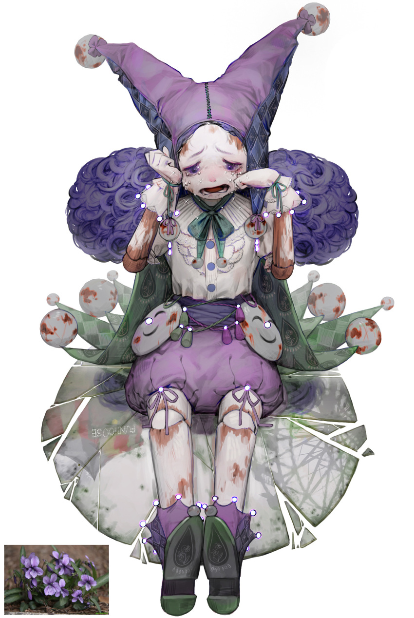1other absurdres androgynous blue_flower broken_glass crying doll_joints flower full_body glass highres joints open_mouth original personification puffy_shorts purple_headwear purple_shorts rinotuna shadow shorts simple_background sitting solo tears violet_eyes white_background