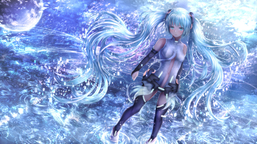 1girl absent absurdres aqua_hair bare_shoulders black_legwear blue_eyes boots breasts detached_sleeves full_body hair_ornament hatsune_miku highres long_hair looking_at_viewer medium_breasts miku_append navel necktie scenery shirt sidelocks skirt sleeveless solo thigh-highs thigh_boots twintails very_long_hair vocaloid vocaloid_append water