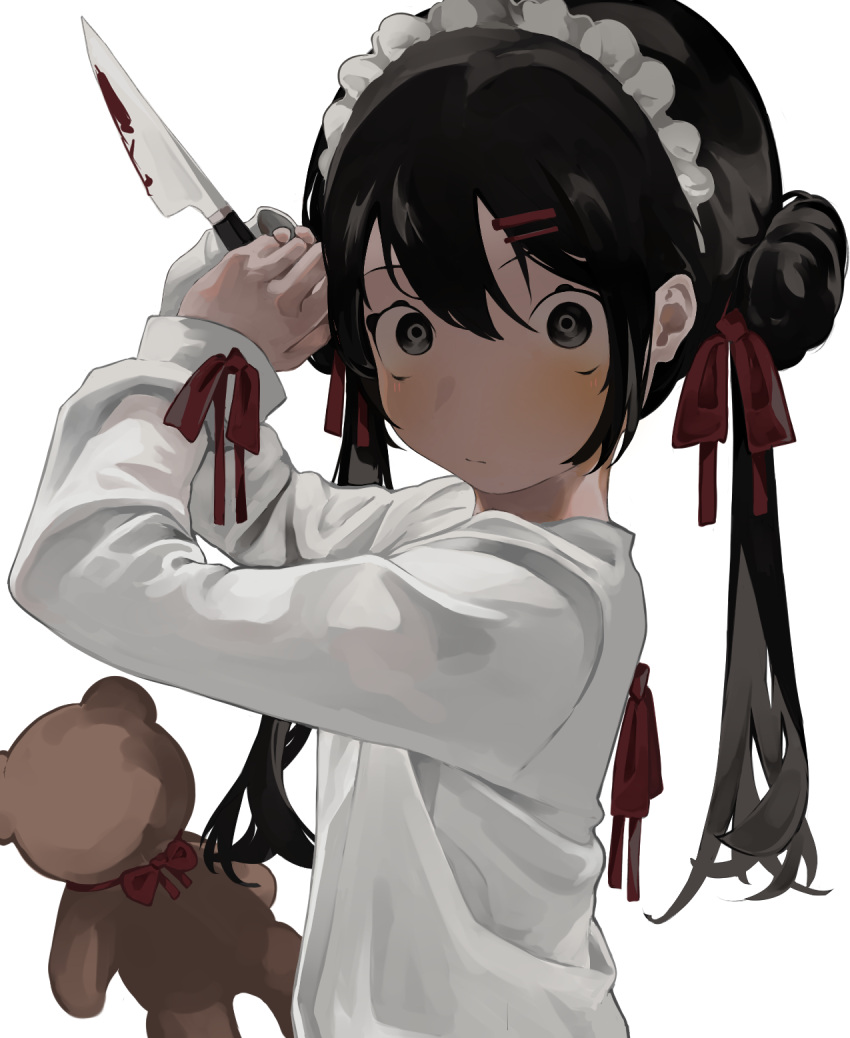 1girl black_eyes black_hair blood blood_on_weapon closed_mouth commentary crazy double_bun from_side hair_ornament hairclip highres holding holding_knife knife long_hair long_sleeves looking_at_viewer looking_to_the_side maid_headdress original red_ribbon ribbon shirt simple_background solo stuffed_animal stuffed_toy teddy_bear toasu twintails upper_body weapon white_background white_shirt