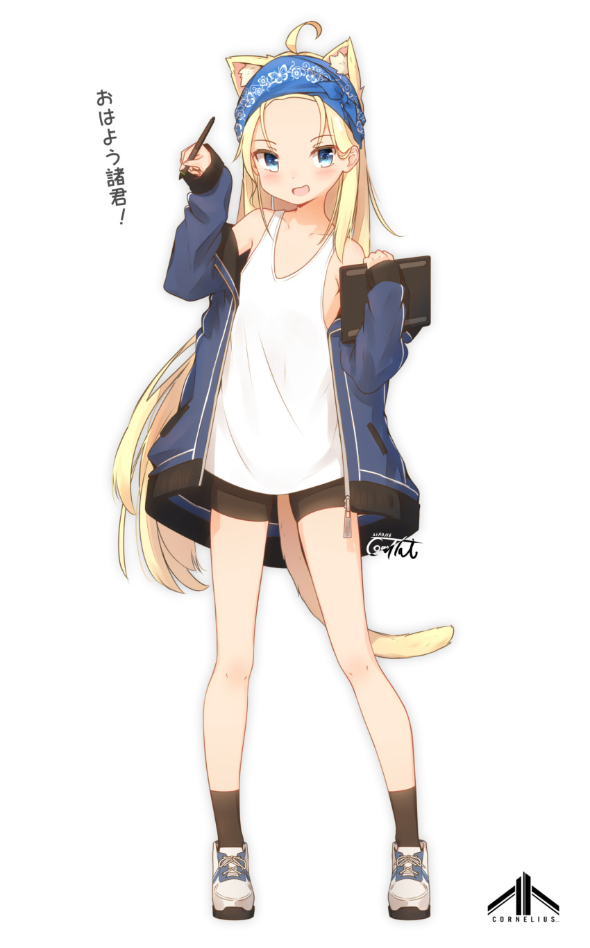 1girl :d absurdres ahoge animal_ears bare_shoulders bike_shorts black_legwear black_shorts blonde_hair blue_eyes blue_jacket blush cat_ears cat_girl cat_tail collarbone commentary_request coreytaiyo dated drawing_tablet extra_ears forehead full_body hands_up highres holding holding_stylus jacket long_hair looking_at_viewer off_shoulder open_clothes open_jacket original shoes short_shorts shorts signature simple_background smile socks solo standing stylus tail tank_top translation_request very_long_hair white_background white_footwear white_tank_top