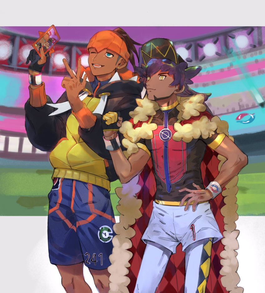 0oizuo0 2boys argyle baseball_cap black_hoodie cape champion_uniform clenched_hand closed_mouth collared_shirt commentary_request dark-skinned_male dark_skin dynamax_band earrings facial_hair fur-trimmed_cape fur_trim gloves hand_on_hip hand_up hat highres holding holding_phone hood hoodie jewelry knees leggings leon_(pokemon) long_hair male_focus multiple_boys one_eye_closed open_mouth orange_headband partially_fingerless_gloves phone pokemon pokemon_(game) pokemon_swsh purple_hair raihan_(pokemon) red_cape rotom rotom_phone shield_print shirt short_hair short_sleeves shorts single_glove smile stadium standing sword_print teeth tongue undercut w white_legwear white_shorts yellow_eyes