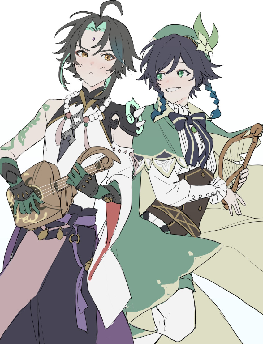 2boys :&lt; ahoge arm_tattoo asymmetrical_clothes bangs bead_necklace beads black_hair blue_hair blush bow braid cape closed_mouth facial_mark forehead_mark genshin_impact gloves green_eyes green_gloves green_hair highres holding holding_instrument instrument jewelry long_sleeves lyre male_focus multiple_boys music necklace playing_instrument poi_poifu side_braids simple_background sweat tassel tattoo venti_(genshin_impact) white_background xiao_(genshin_impact) yellow_eyes